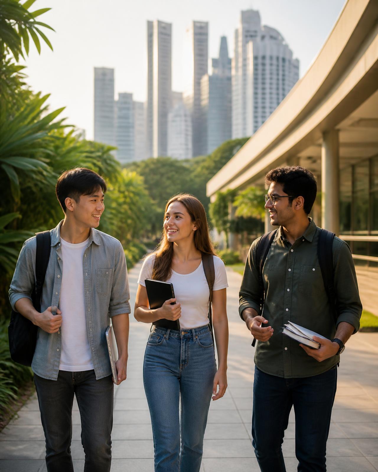 International students walking through a university hall in Singapore